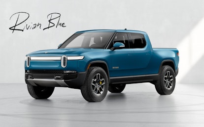 A picture of Rivian's R1T in Electric Blue.