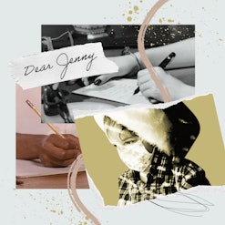 A collage including a black & white vintage  image of a woman's hand writing a letter and a contempo...