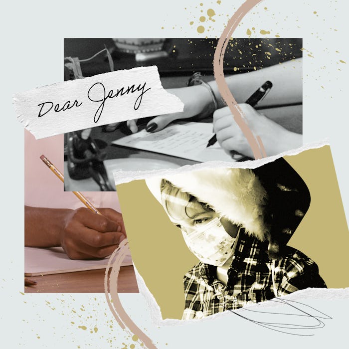 A collage including a black & white vintage image of a woman's hand writing a letter and a contempo...
