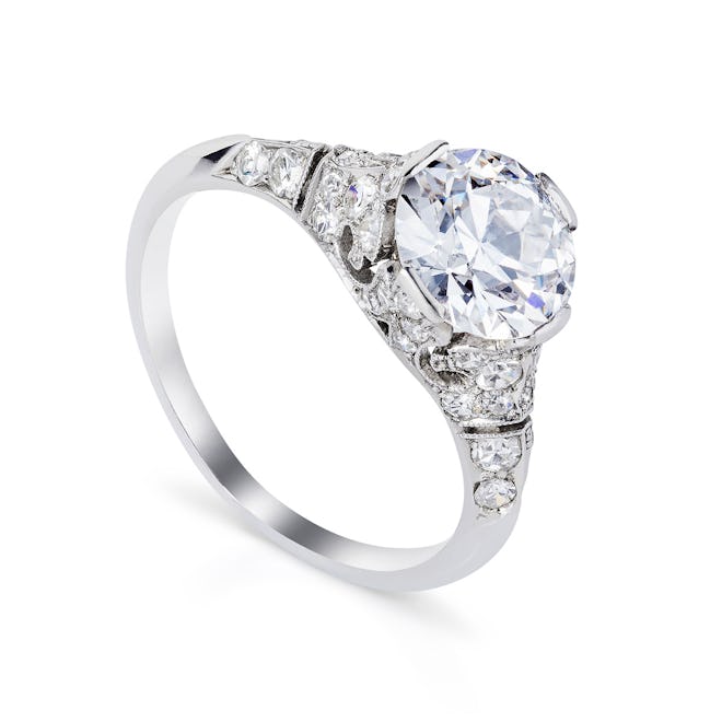 18 karat white gold So Regal ring with a 1.5ct old cut diamond center surrounded by 1ct diamonds 