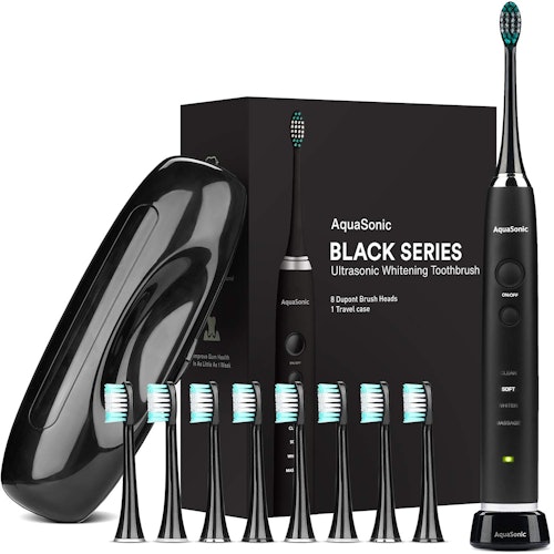  AquaSonic Black Series Ultra Whitening Toothbrush With 8 Brush Heads