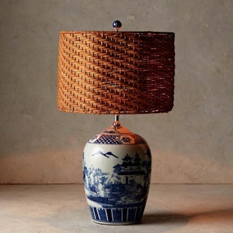 Blue and White Ming Table Lamp with Wicker Shade