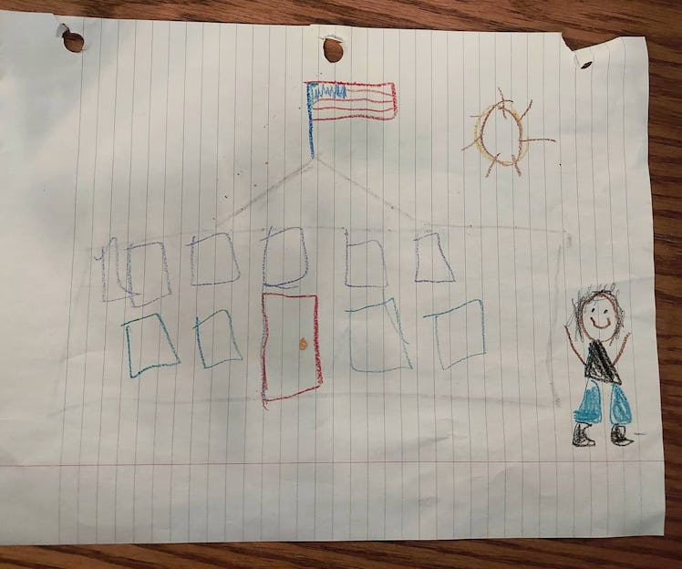 A child's drawing depicting the White House, an American flag, and a figure wearing sneakers.