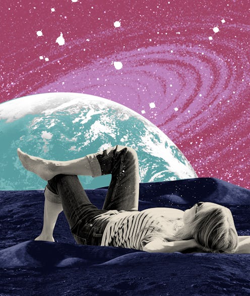 woman laying down by planet