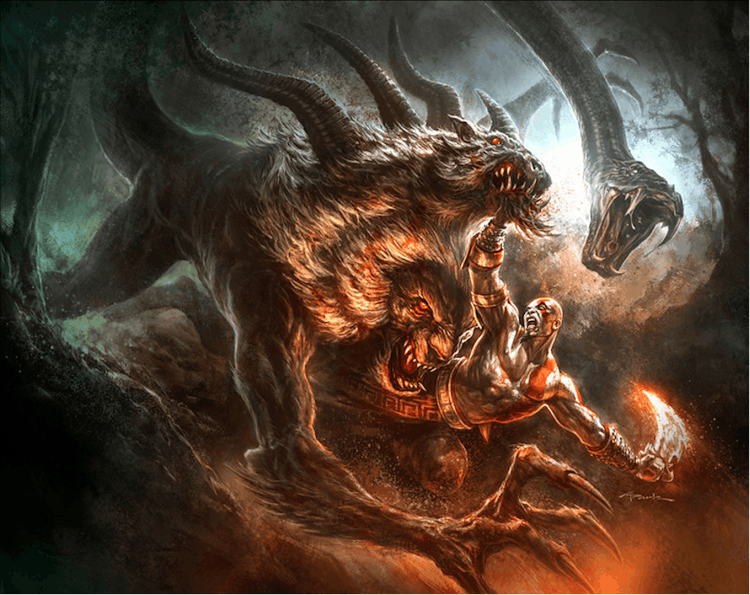 'God of War III' concept art showing Kratos fighting a Chimera by Andy Park.
