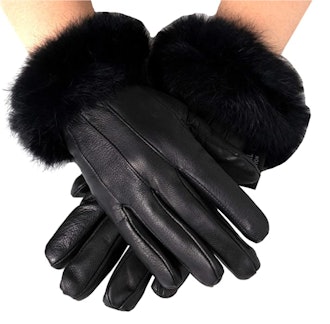 Alpine Swiss Leather Gloves with Rabbit-Fur Trim