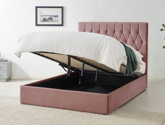 Waldorf Pink Velvet Upholstered Ottoman Storage Bed Frame 