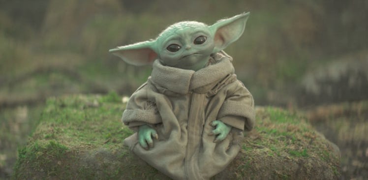 Baby Yoda — aka, Grogu — sits on a rock in 'The Mandalorian' series on Disney+. 