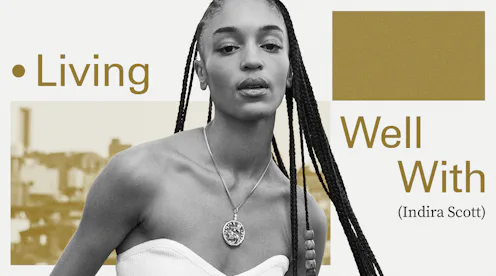 Collage of Indira Scott and "living well with (Indira Scott)" text