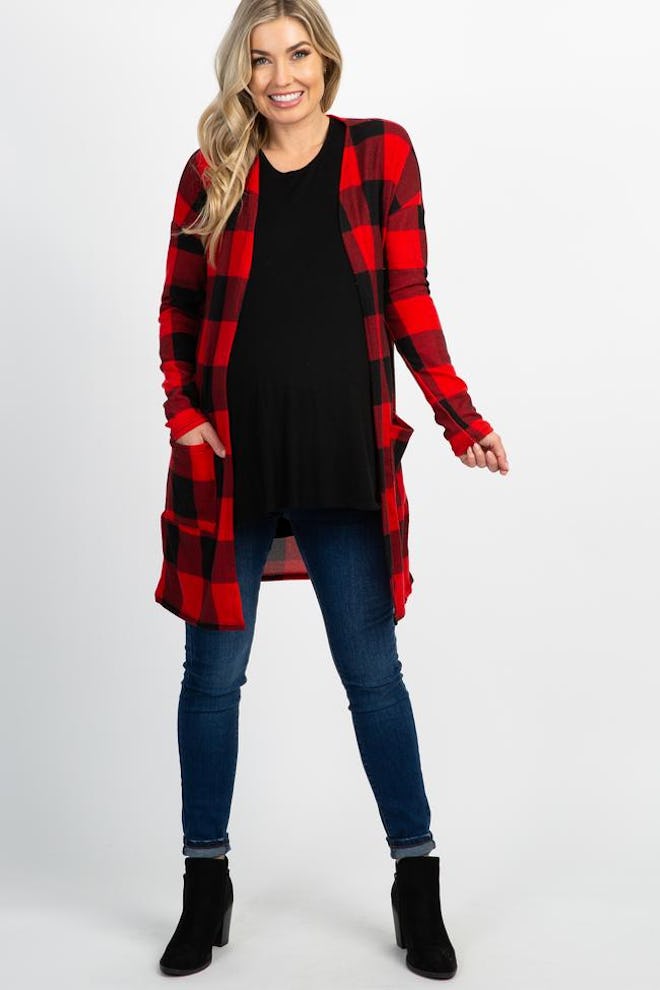 Red Plain Long Sleeve Maternity Cardigan