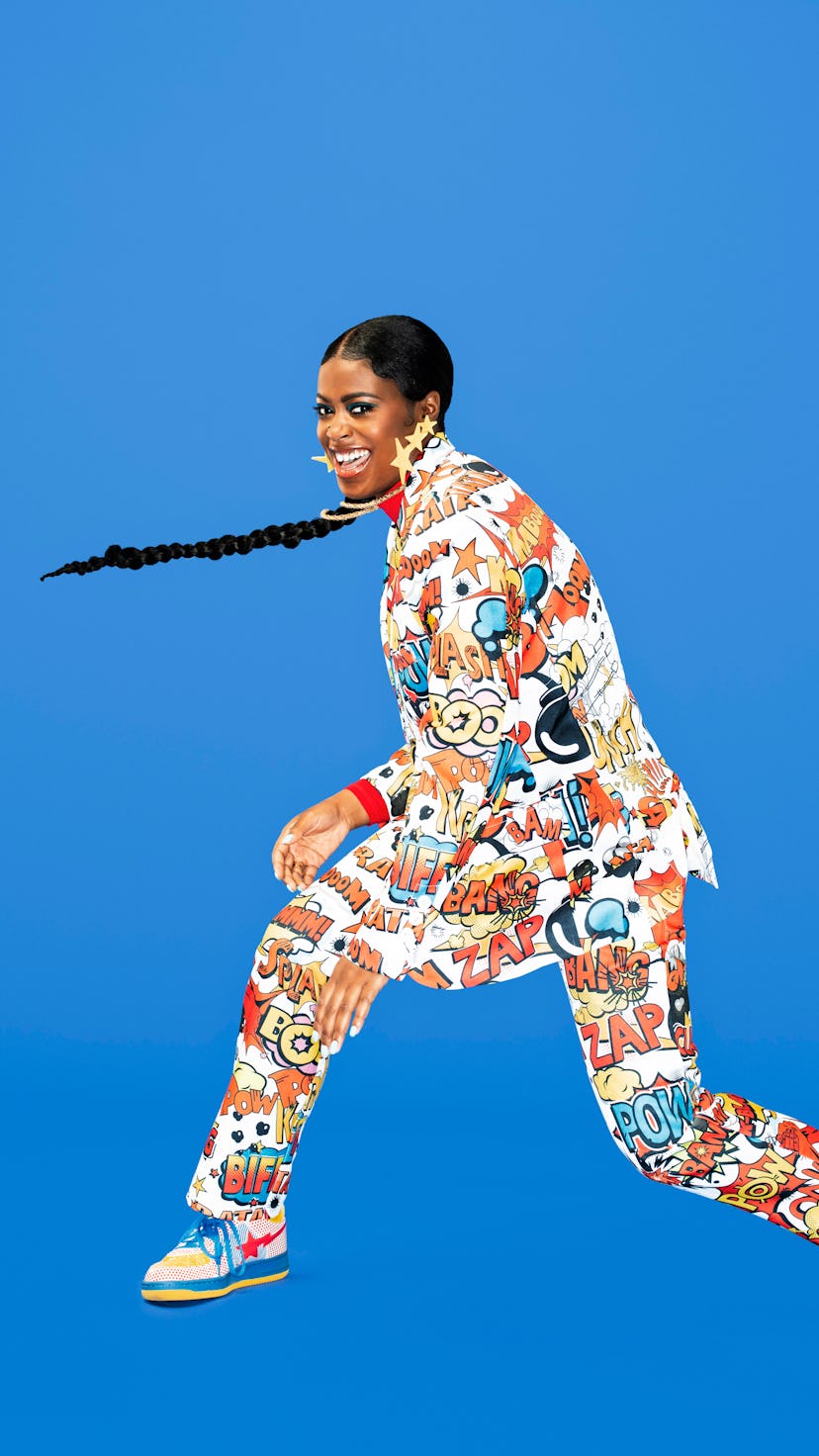 Cover of SOUNDCHECK featuring singer Tierra Whack wearing a colorful comic book style suit and pants...