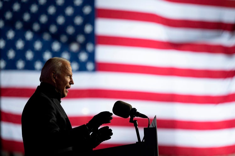 Democratic Presidential candidate and former US Vice President Joe Biden speaks during a Drive-In Ra...