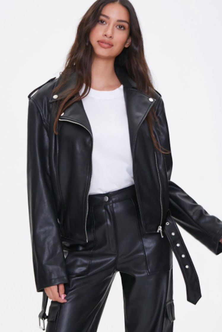 Faux Leather Belted Moto Jacket