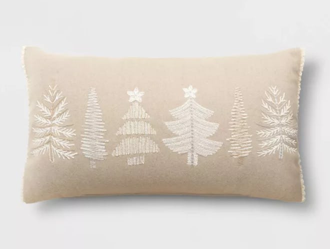Holiday Oversized Embroidered Trees Lumbar Throw Pillow Neutral