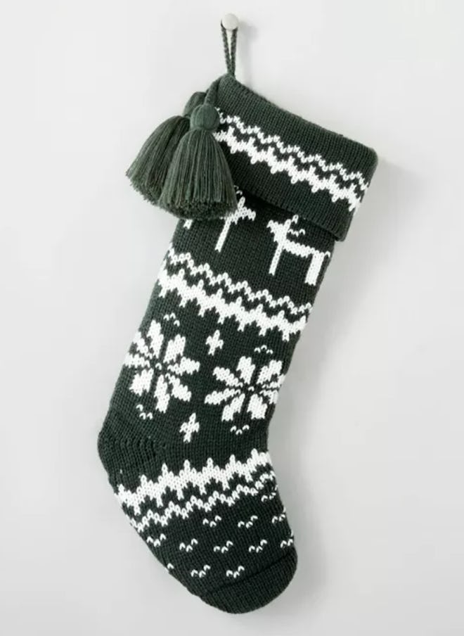 Fair Isle Knit Holiday Stocking with Swing Tassels Green