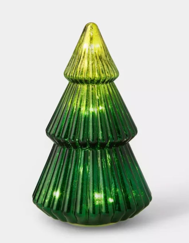 LIT Medium Mercury Glass Christmas Tree Decorative Figurine Ombre Green