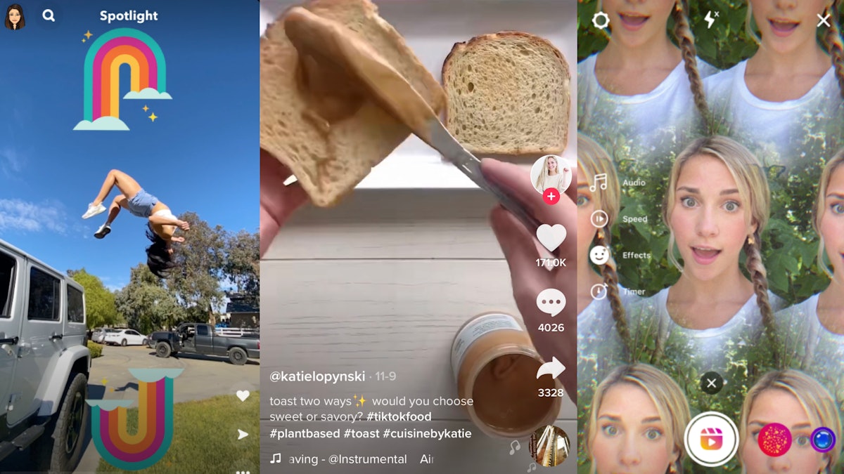 Screenshots of Snapchat Spotlight, TikTok and Instagram Reels
