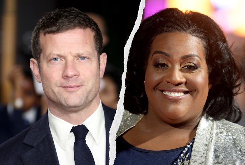 demot o'leary wearing a black suit, white shirt and black tie, alison hammond against a colourful ba...