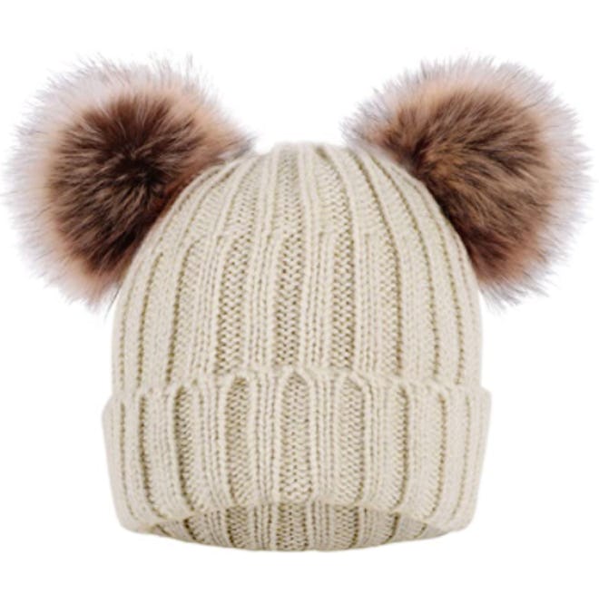 Arctic Paw Cable Knit Beanie with Faux Fur Pompoms