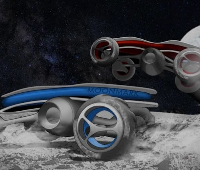 Render of two Moon Mark racecars on the moon with the Earth on the horizon.
