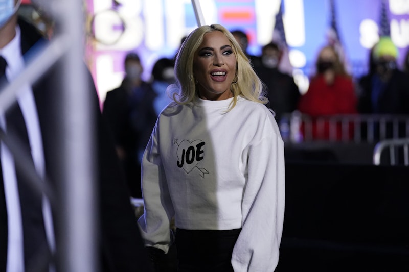 Lady Gaga sporting a white Joe sweatshirt at a Kamala Harris vote rally