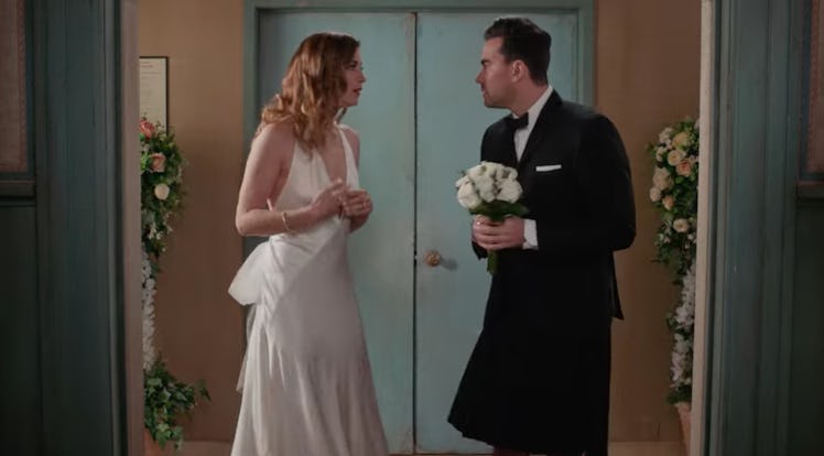 Alexis (Annie Murphy) and David (Dan Levy) are dressed up for David's wedding day on 'Schitt's Creek...