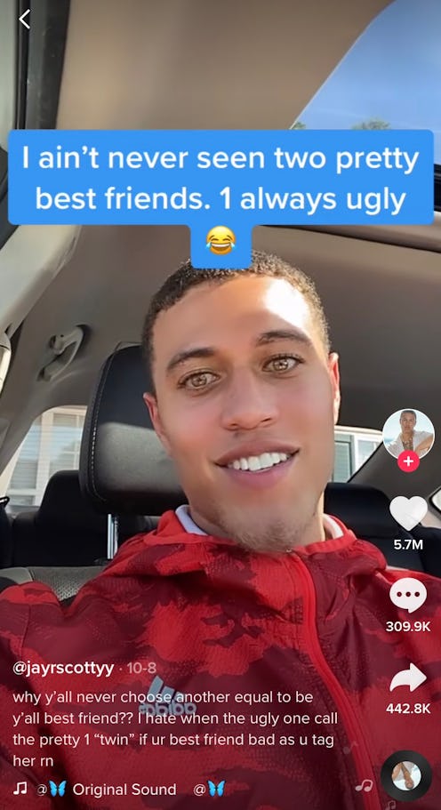 A screenshot of a TikTok where a guy claims "I ain't never seen two pretty best friends," an audio t...