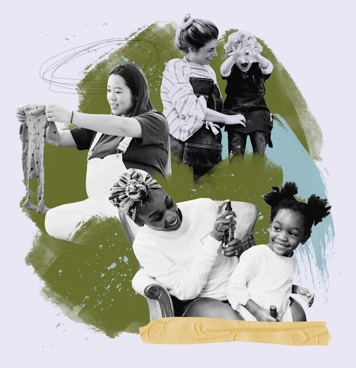 A collage of two women with their kids and one pregnant woman looking at baby clothing for the relau...