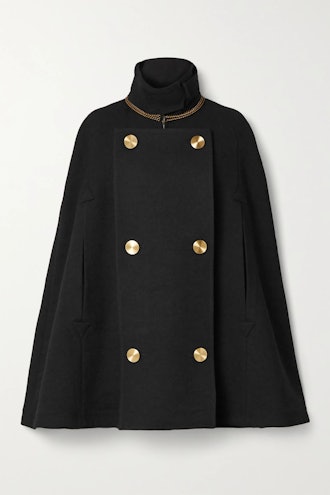 Chain-embellished double-breasted wool cape