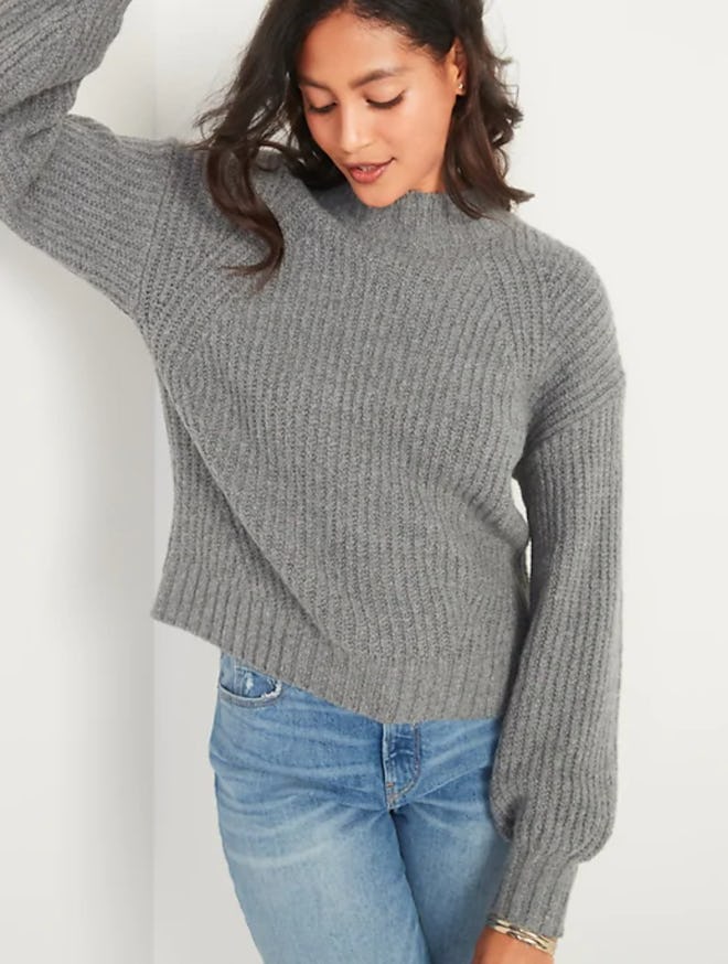 Cozy Shaker-Stitch Mock-Neck Sweater for Women - Heather Gray