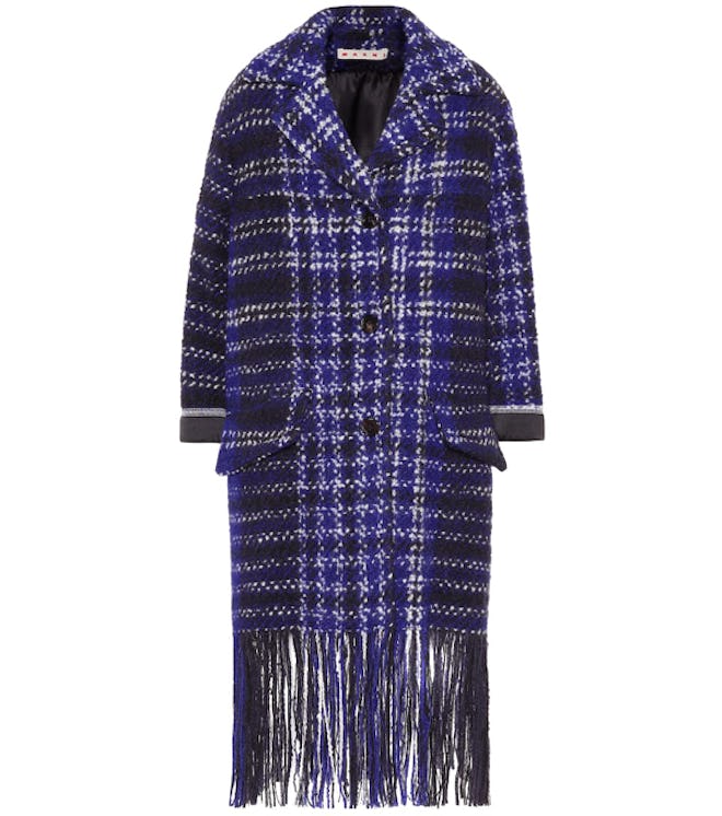 Satin-trimmed Fringed Checked Wool-blend Bouclé-tweed Coat In Blue