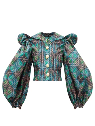 Puff-sleeve checked deadstock-taffeta blouse
