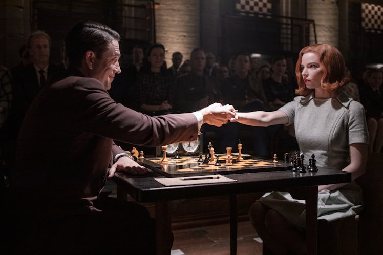 MARCIN DOROCINSKI as VASILY BORGOV and ANYA TAYLOR-JOY as BETH HARMON in The Queen's Gambit