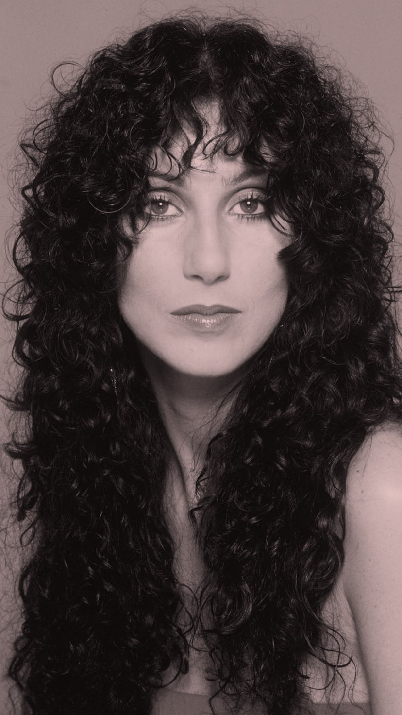 Cher with long curly hair.