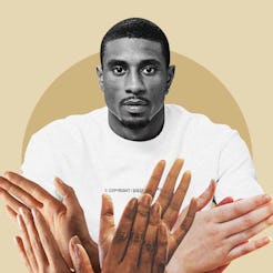 Ovie Soko and clapping hands in front of him in a collage