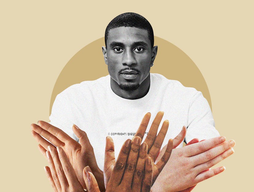 Ovie Soko and clapping hands in front of him in a collage