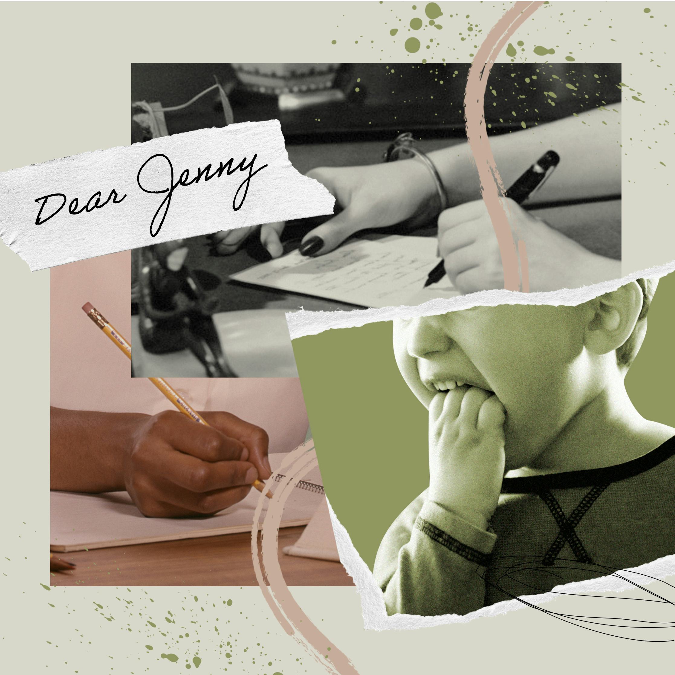 Collage of a preschool boy biting his hand and hands writing notes in notebooks