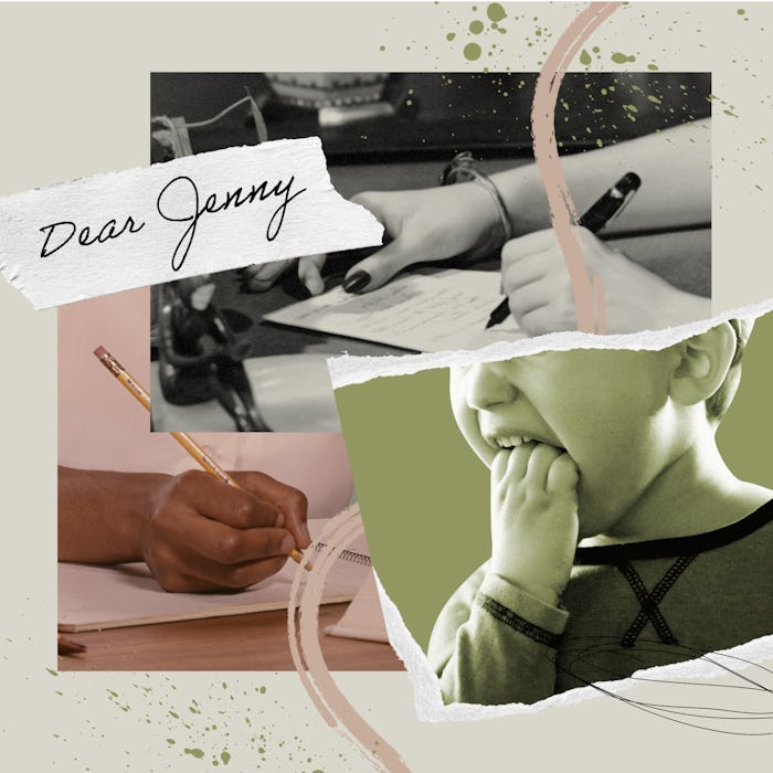 Collage of a preschool boy biting his hand and hands writing notes in notebooks