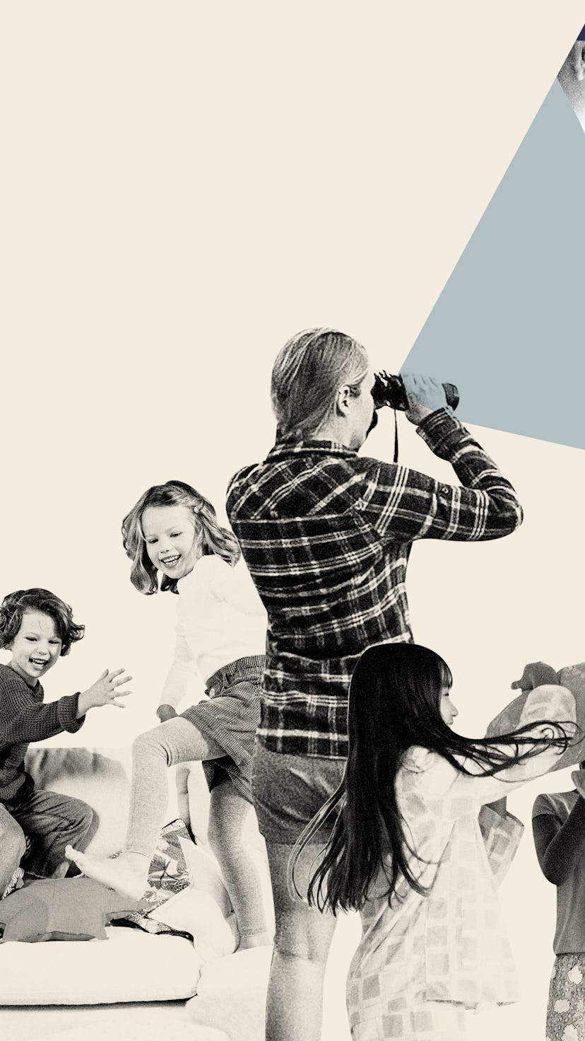 A woman looking into binoculars at a post-pandemic future after the pandemic, with her kids playing ...
