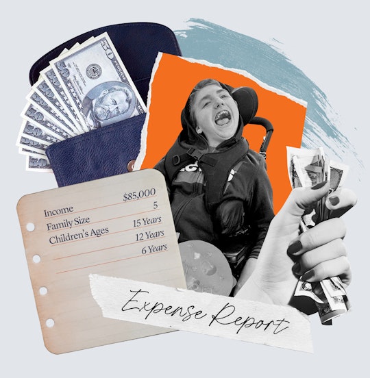 A collage showing a special needs child, a pile of money, a hand holding money and a shopping list