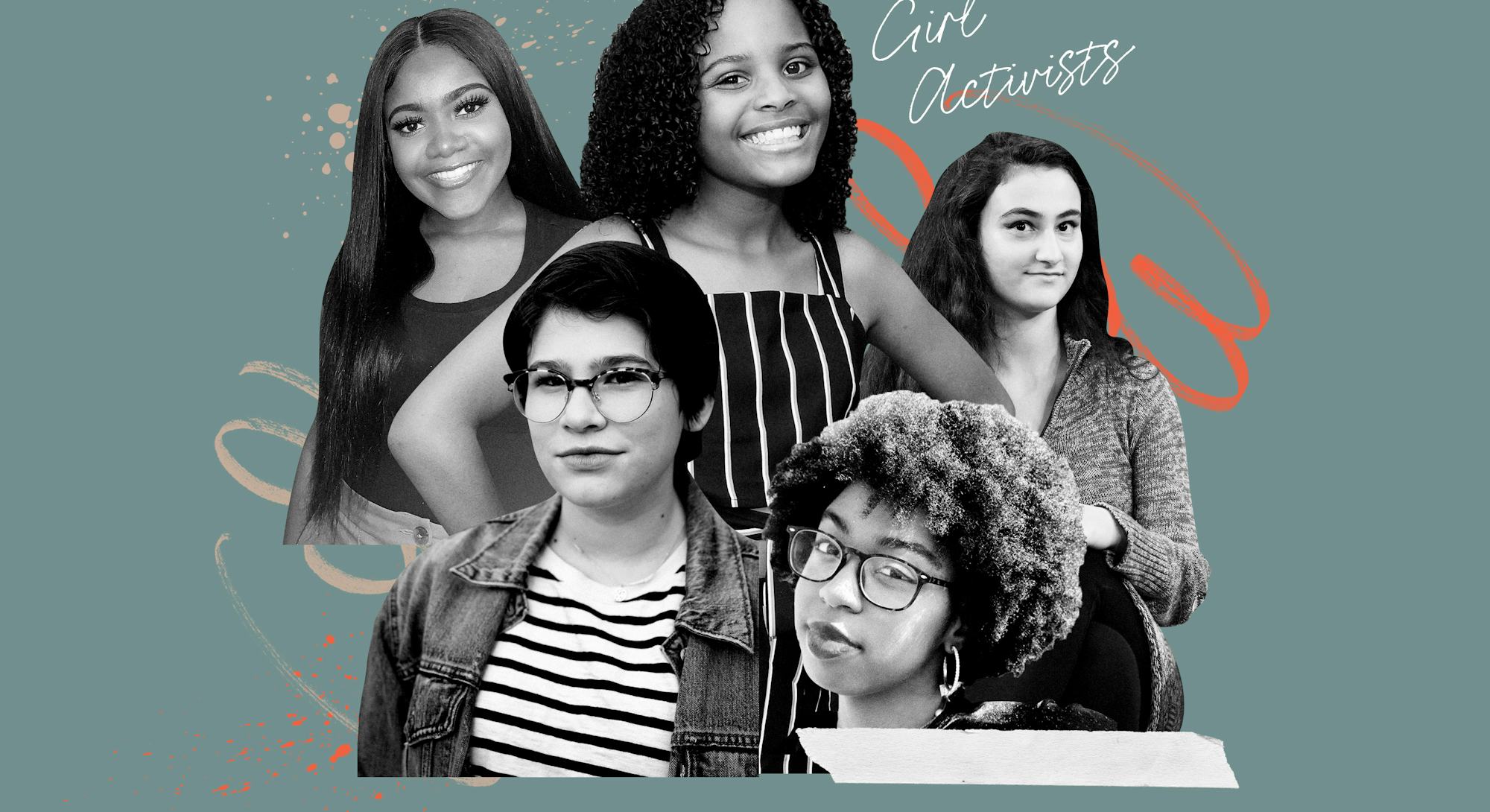 A collage with five girl activists: Alexandra Brathwaite, Brianna Chandler, Haven Coleman, Jamie Mar...