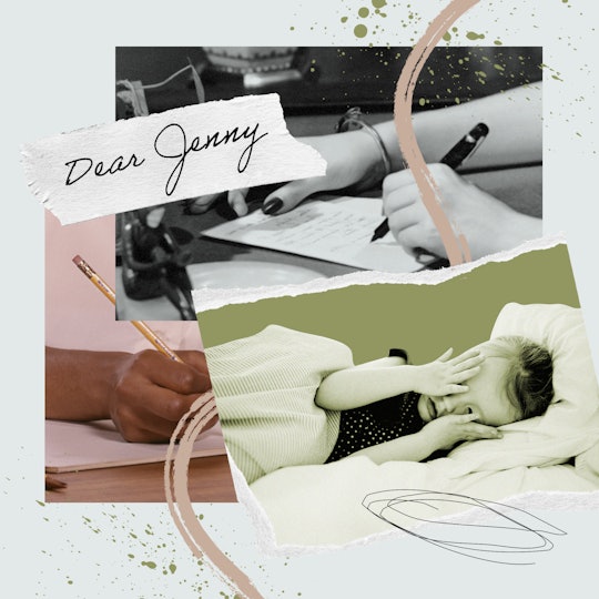 The dear jenny template with women writing letters and an image of a toddler lying in bed with his h...