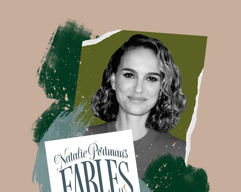 A collage of Natalie Portman and the cover of her book "Natalie Portman's Fables"
