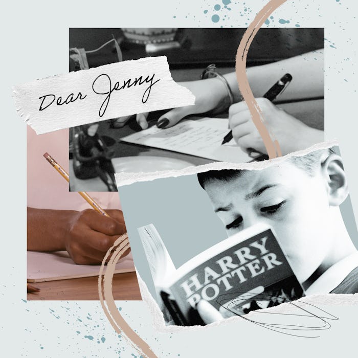 A collage with a child reading 'Harry Potter' by J. K. Rowling, two people writing and 'Dear Jenny''
