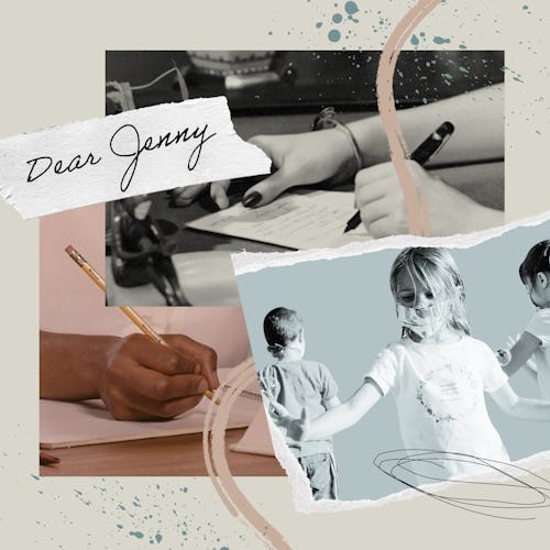 Dear jenny template with women writing letters and a picture of children playing while wearing face ...