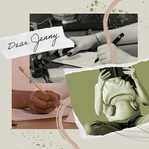 The cover of Romper's 'Dear Jenny' column with women writing a letter and a pregnant woman with head...