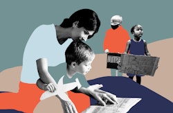 An abstract collage of a teacher explaining something to a child in a kindergarten