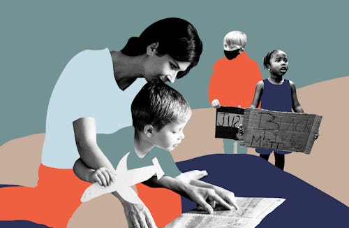 An abstract collage of a teacher explaining something to a child in a kindergarten