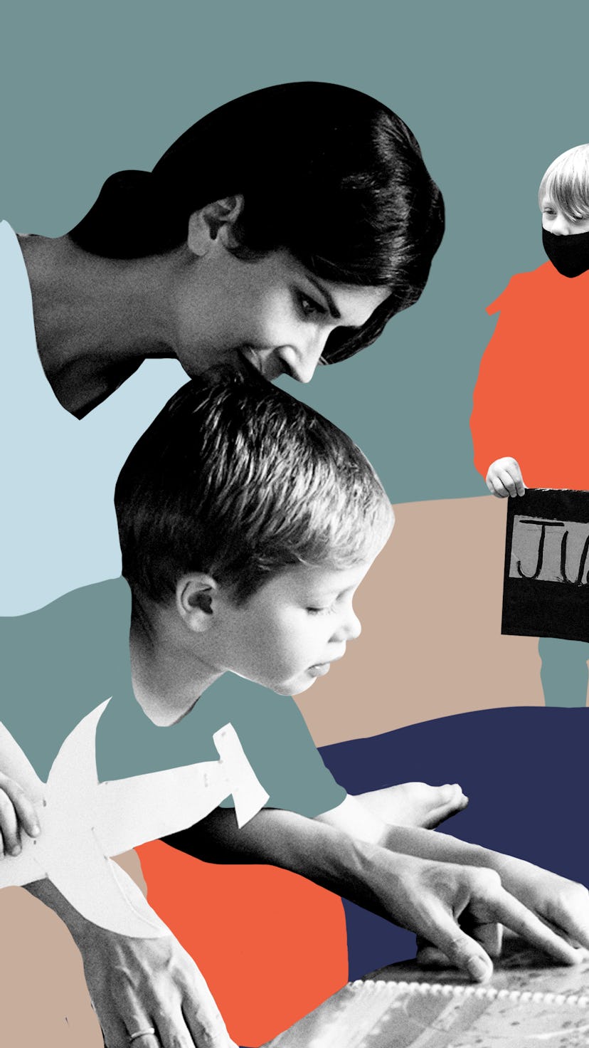 An abstract collage of a teacher explaining something to a child in a kindergarten