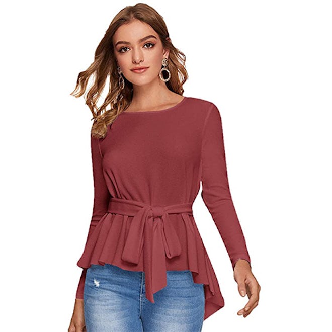 Romwe Raw Hem Belted Flare Top